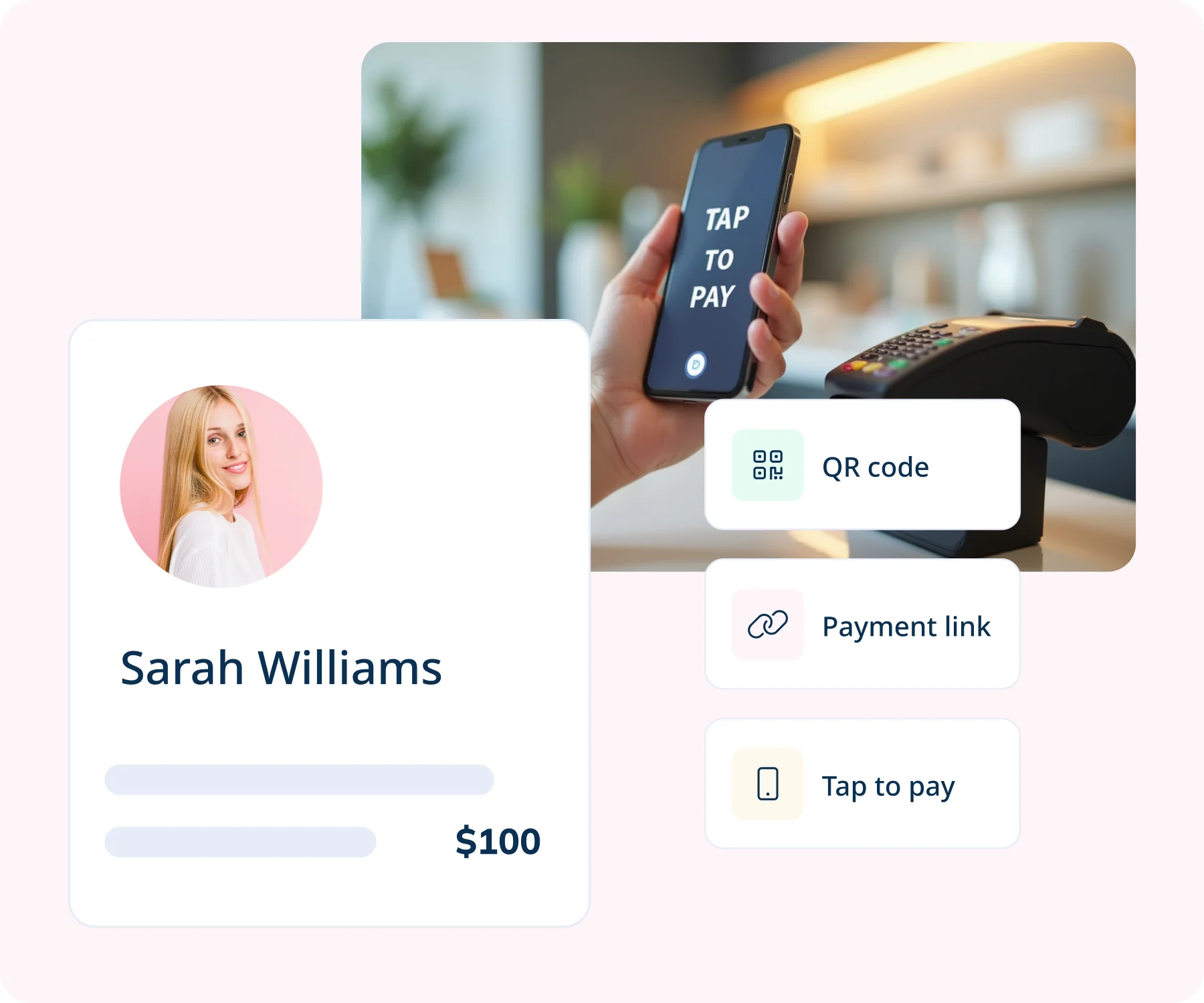 Een klantprofiel met een aanbetaling van $100, met QR-code, betaallink en Tap to Pay-opties