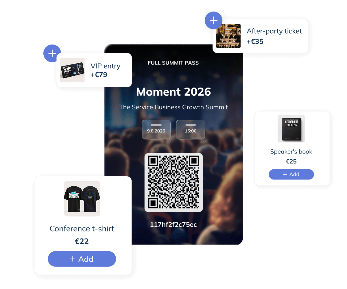 Um ingresso digital de evento com um código QR, cercado por complementos pagos para entrada VIP, ingresso para a after-party, camiseta da conferência e livro de palestrante