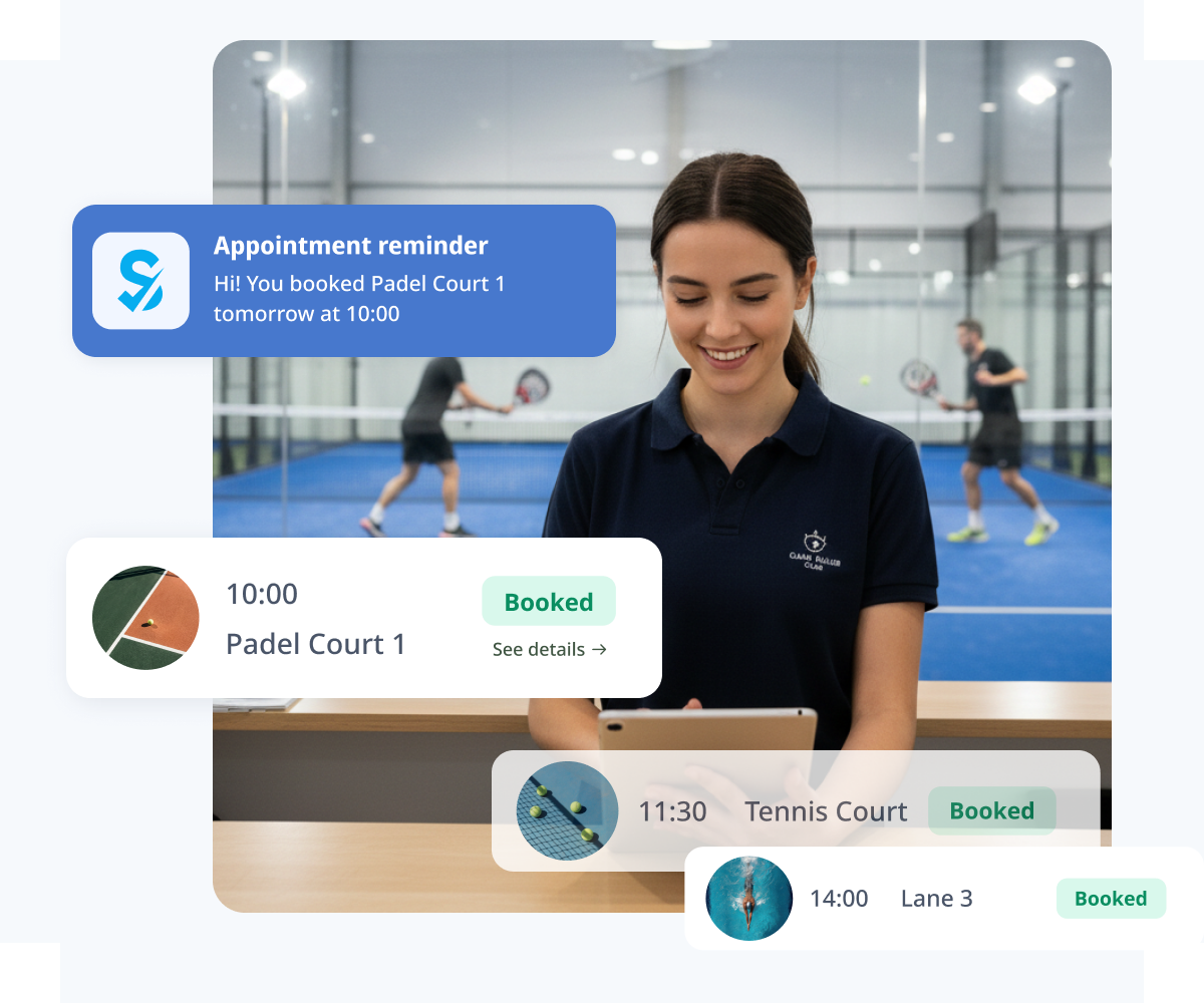Um lembrete de agendamento da Padel Court 1 ao lado da agenda do dia com quadras e raias reservadas