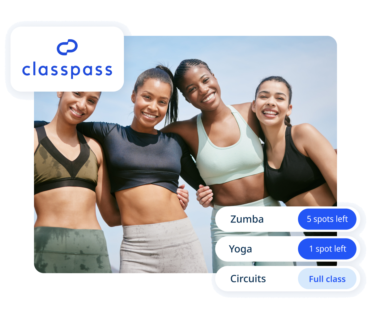 Uma grade conectada ao ClassPass mostrando Zumba com 5 vagas restantes, Yoga com 1 vaga restante e uma turma de Circuits lotada