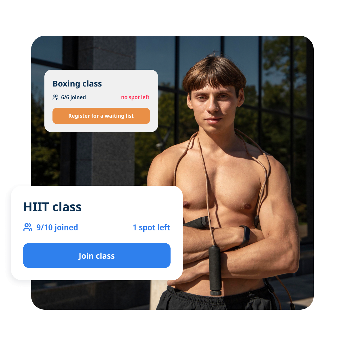 Uma aula de HIIT com nove das dez vagas ocupadas e uma vaga restante, e uma aula de boxe lotada oferecendo lista de espera