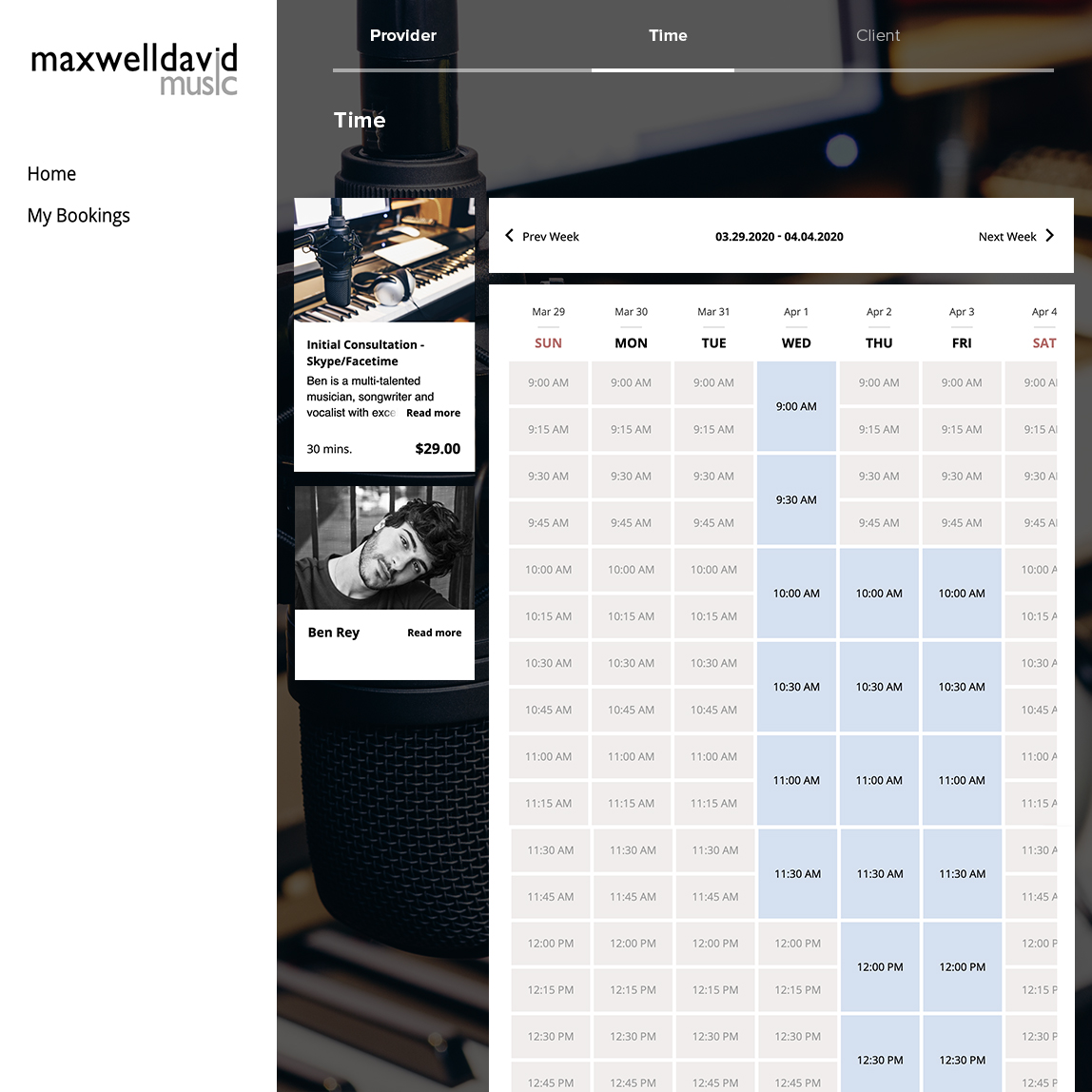 our client's booking page