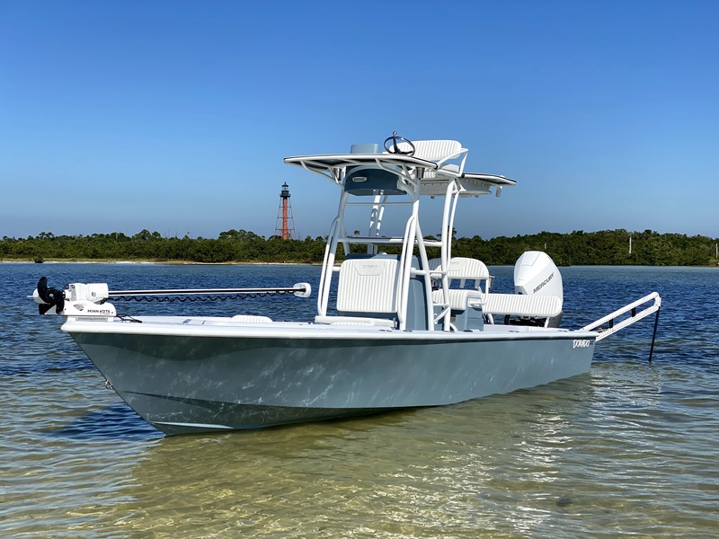 The vessel is a 25 foot custom Built Dorado powered by a Mercury Verado 300.  The half tower gives the Captain a birds-eye view of the water aiding in sight fishing.  The bow area of the boat has cushions and back rests to provide a comfortable dry ride for all passengers.