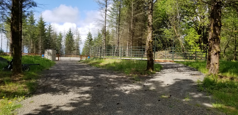 Gravel drive to arena and roundpen.  Please park on grass on the roundpen side of the driveway.  Don't block gravel path access to the roundpen.
