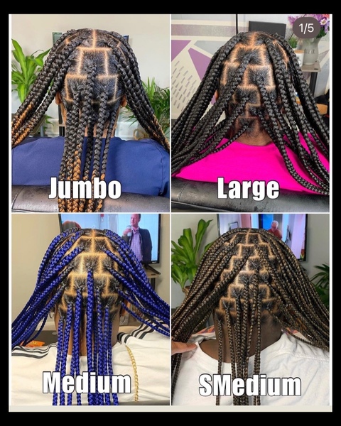 This is not my work but image is used to show different size of knotless braids for clarification.