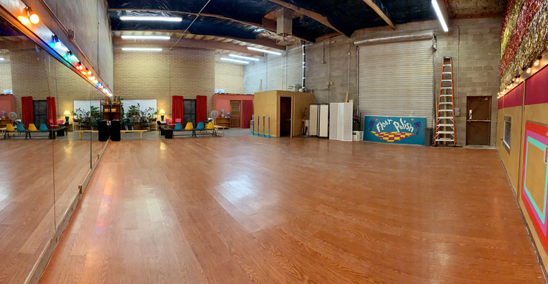 A panorama looking from dancefloor back towards the studio entrance. 