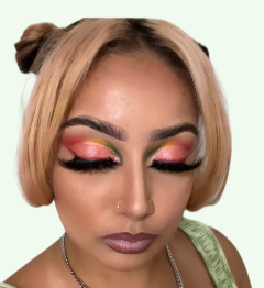 Vibrant rainbow cut crease with flawless skin and nude lips