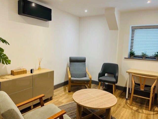 Room 3: For talking therapies, equipped with desk, low table, comfortable chairs and A/C and natural light. 